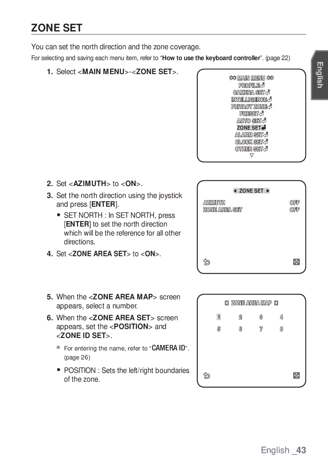 Samsung SCC-C7453P manual Zone SET, Select Main MENU-ZONE SET 