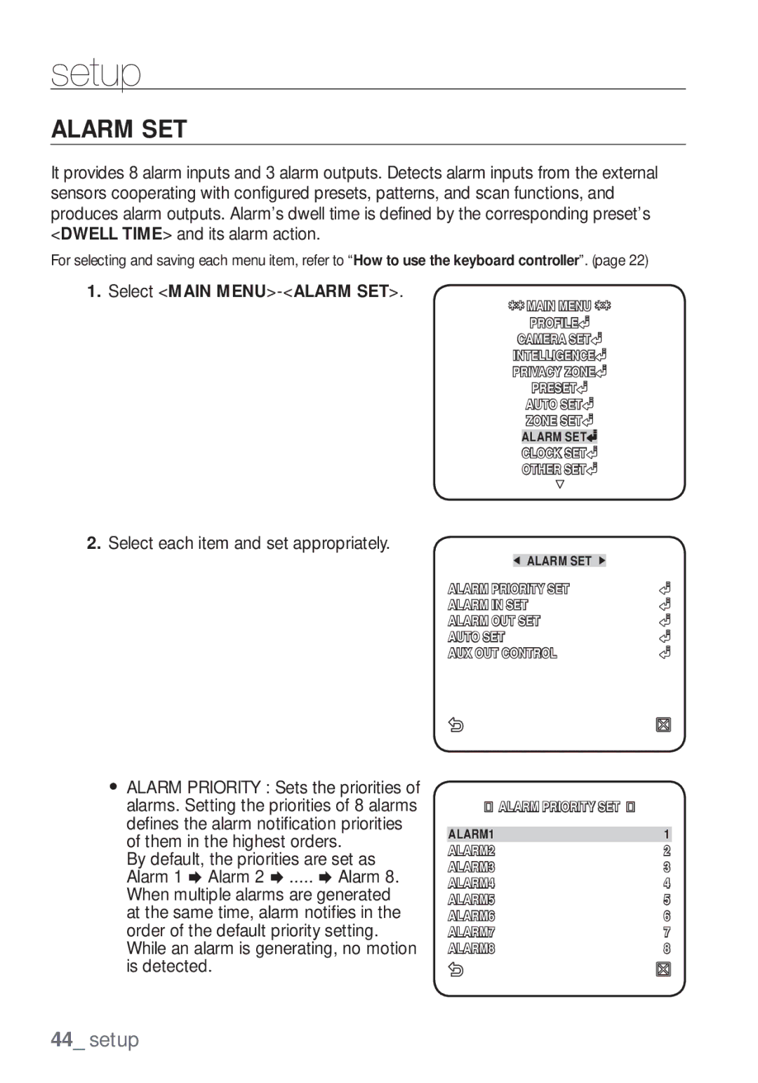 Samsung SCC-C7453P manual Alarm SET, Select Main MENU-ALARM SET 