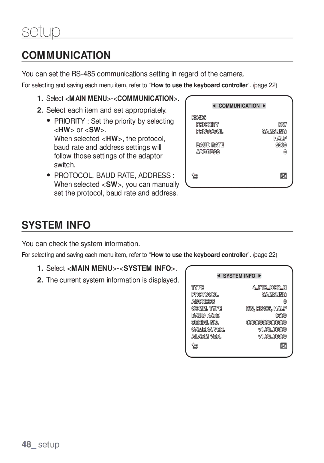 Samsung SCC-C7453P manual Communication, System Info 