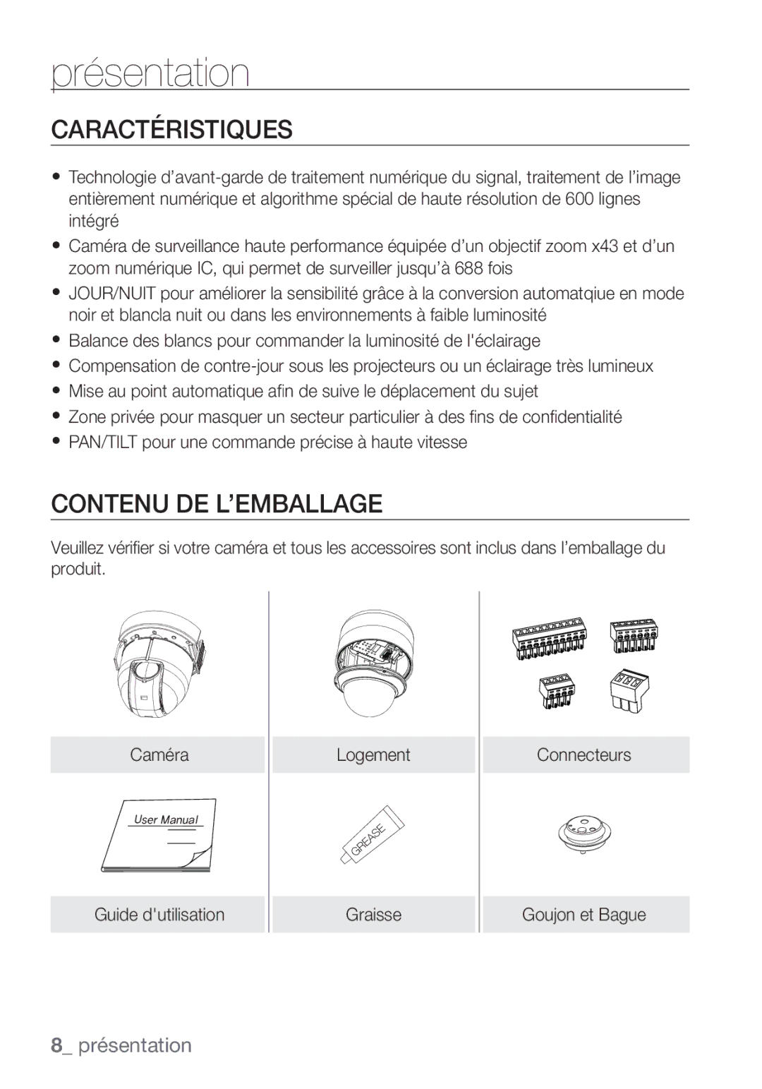 Samsung SCC-C7453P manual Caractéristiques, Contenu DE L’EMBALLAGE 