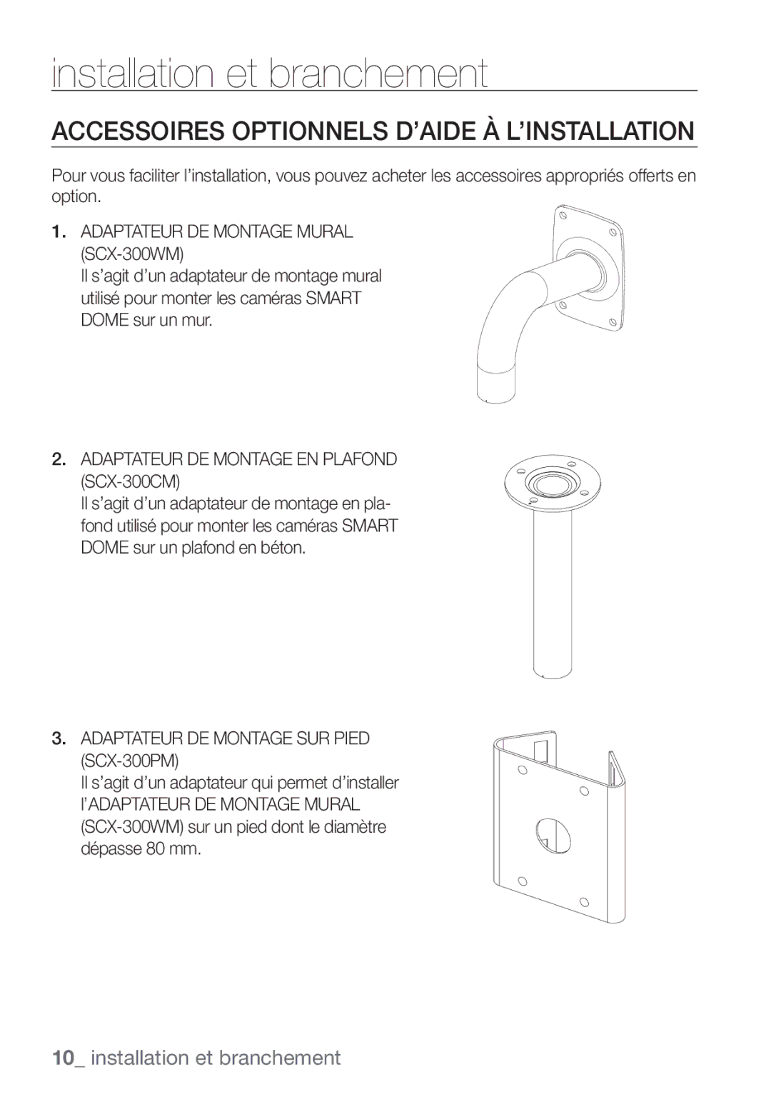 Samsung SCC-C7453P manual Accessoires Optionnels D’AIDE À L’INSTALLATION, Adaptateur DE Montage Mural SCX-300WM 