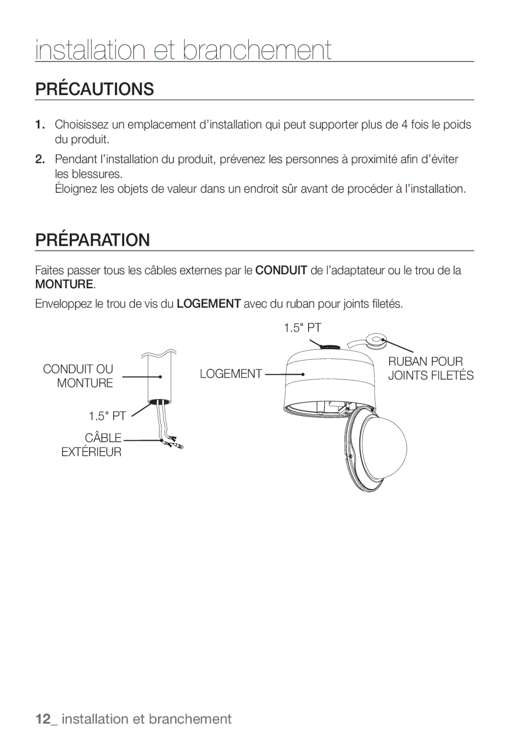 Samsung SCC-C7453P manual Précautions, Préparation, Monture, Logement Ruban Pour, Câble Extérieur 