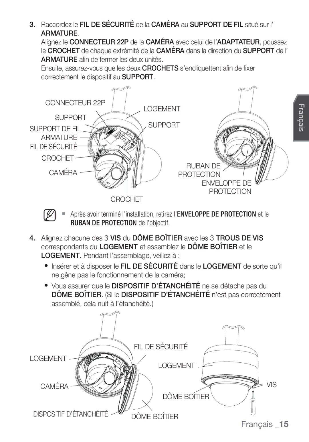 Samsung SCC-C7453P manual Armature, Connecteur 22P Logement Support, Crochet Ruban DE Caméra Protection Enveloppe DE 