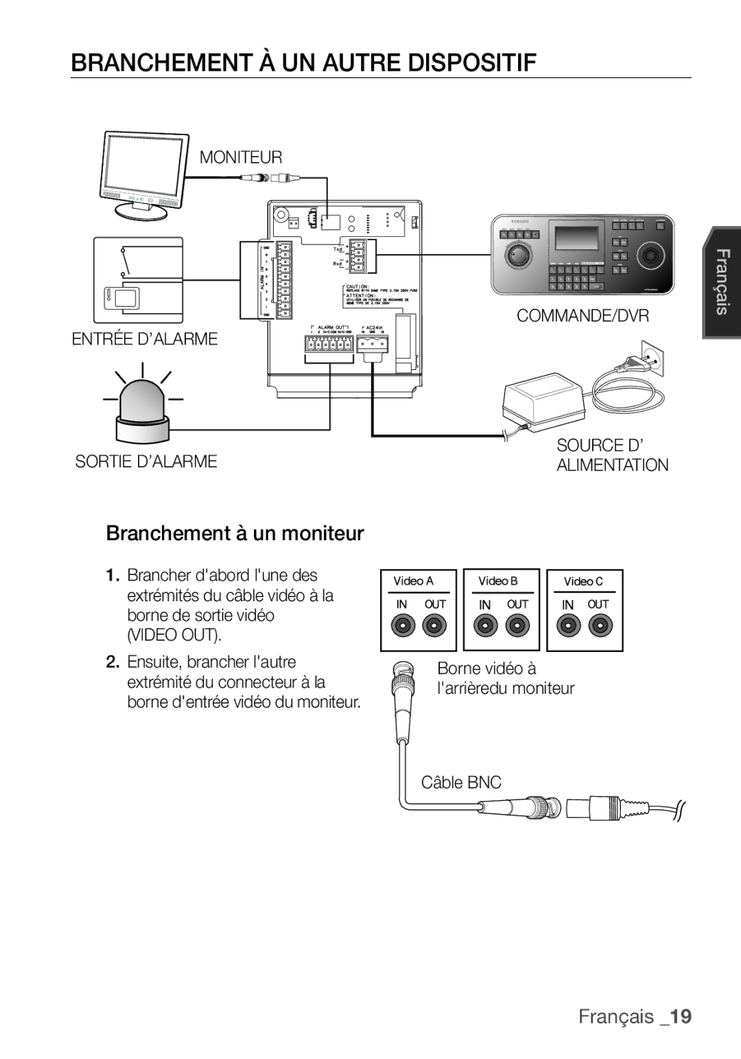 Samsung SCC-C7453P manual Branchement À UN Autre Dispositif, Branchement à un moniteur 