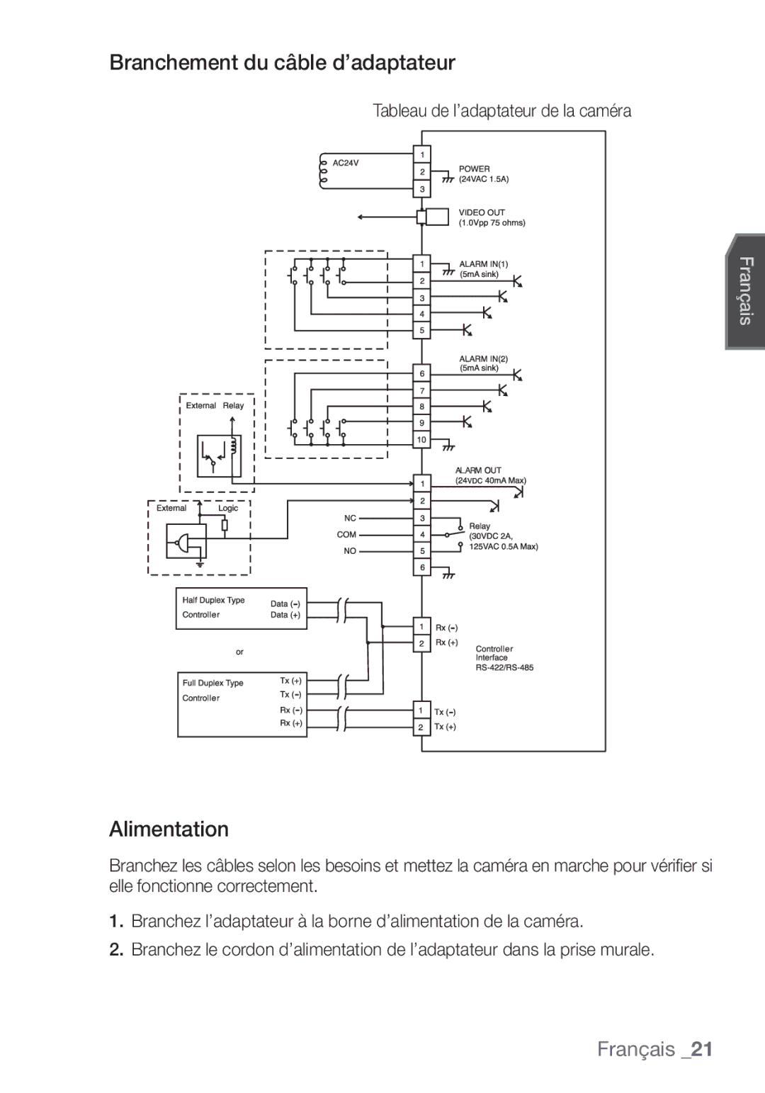 Samsung SCC-C7453P manual Branchement du câble d’adaptateur, Alimentation, Tableau de l’adaptateur de la caméra 