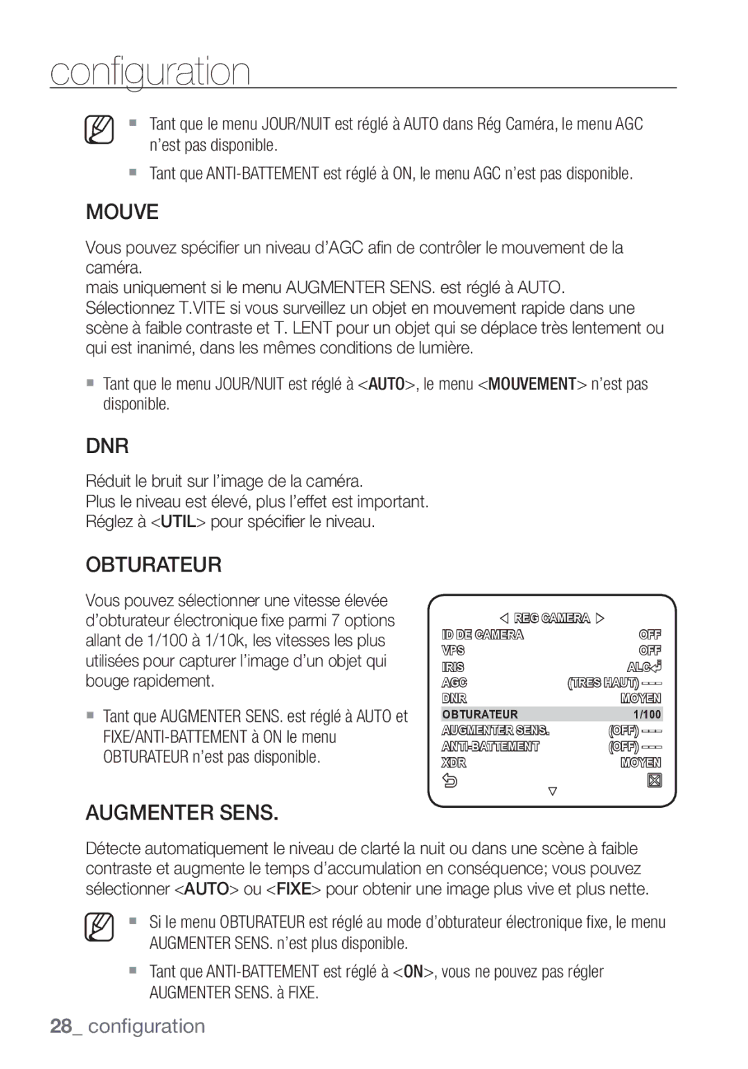 Samsung SCC-C7453P manual Mouve, Dnr, Obturateur, Augmenter Sens 