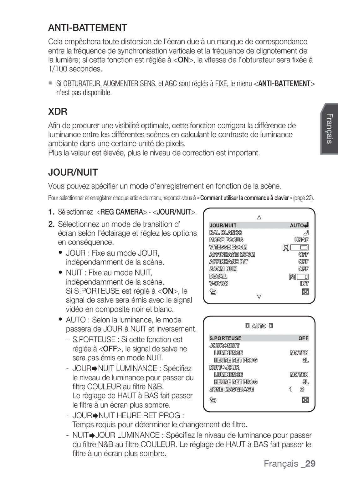 Samsung SCC-C7453P manual Anti-Battement, Xdr, Jour/Nuit, JOUR¨NUIT Heure RET Prog 