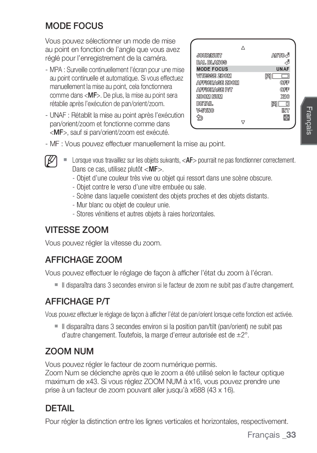 Samsung SCC-C7453P manual Mode Focus, Vitesse Zoom, Affichage Zoom, Affichage P/T, Zoom NUM, Detail 