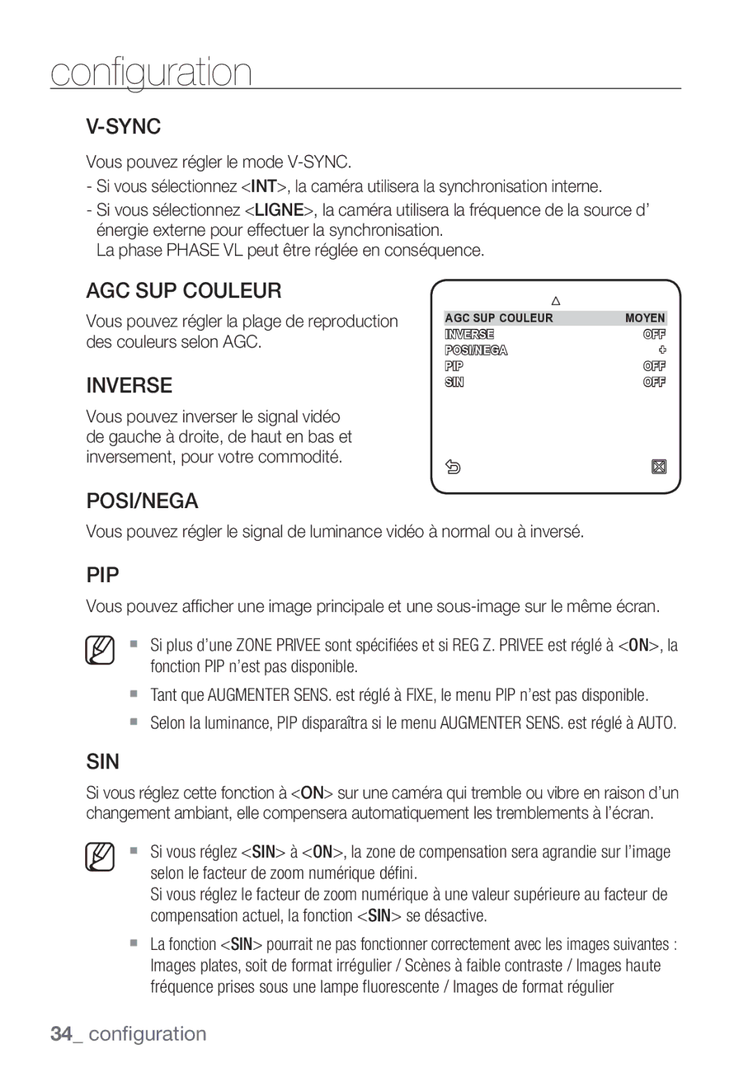 Samsung SCC-C7453P manual Sync, AGC SUP Couleur, Inverse, Posi/Nega, Pip, Sin 