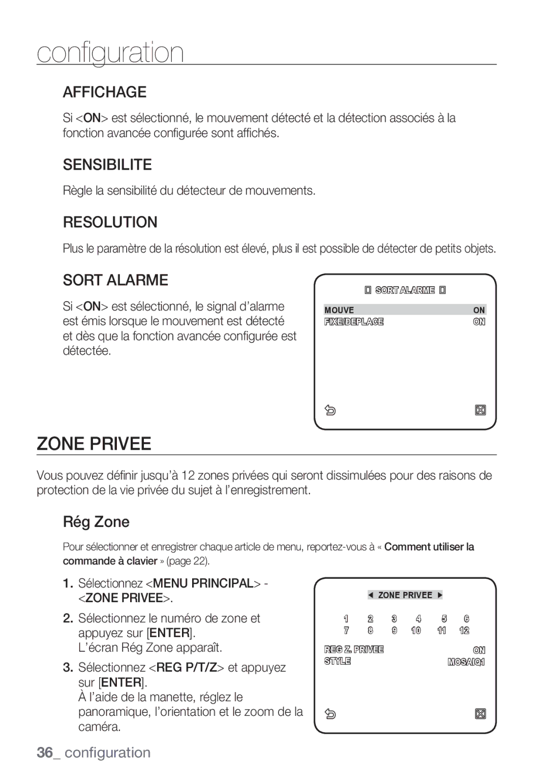 Samsung SCC-C7453P manual Zone Privee, Affichage, Sensibilite, Resolution, Sort Alarme 