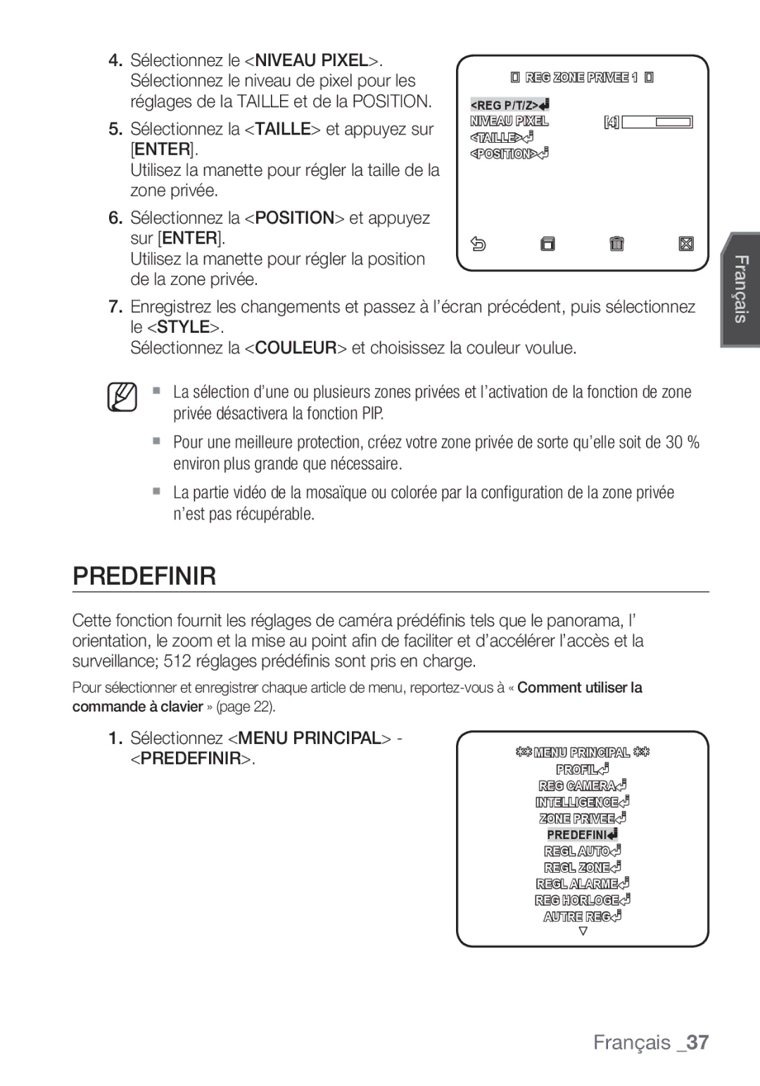 Samsung SCC-C7453P manual Predefinir, Sélectionnez Menu Principal 