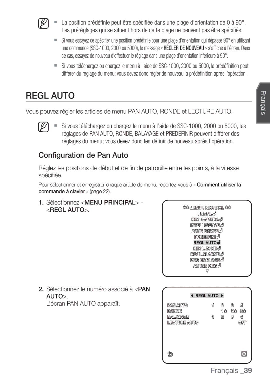 Samsung SCC-C7453P manual Regl Auto, Configuration de Pan Auto 