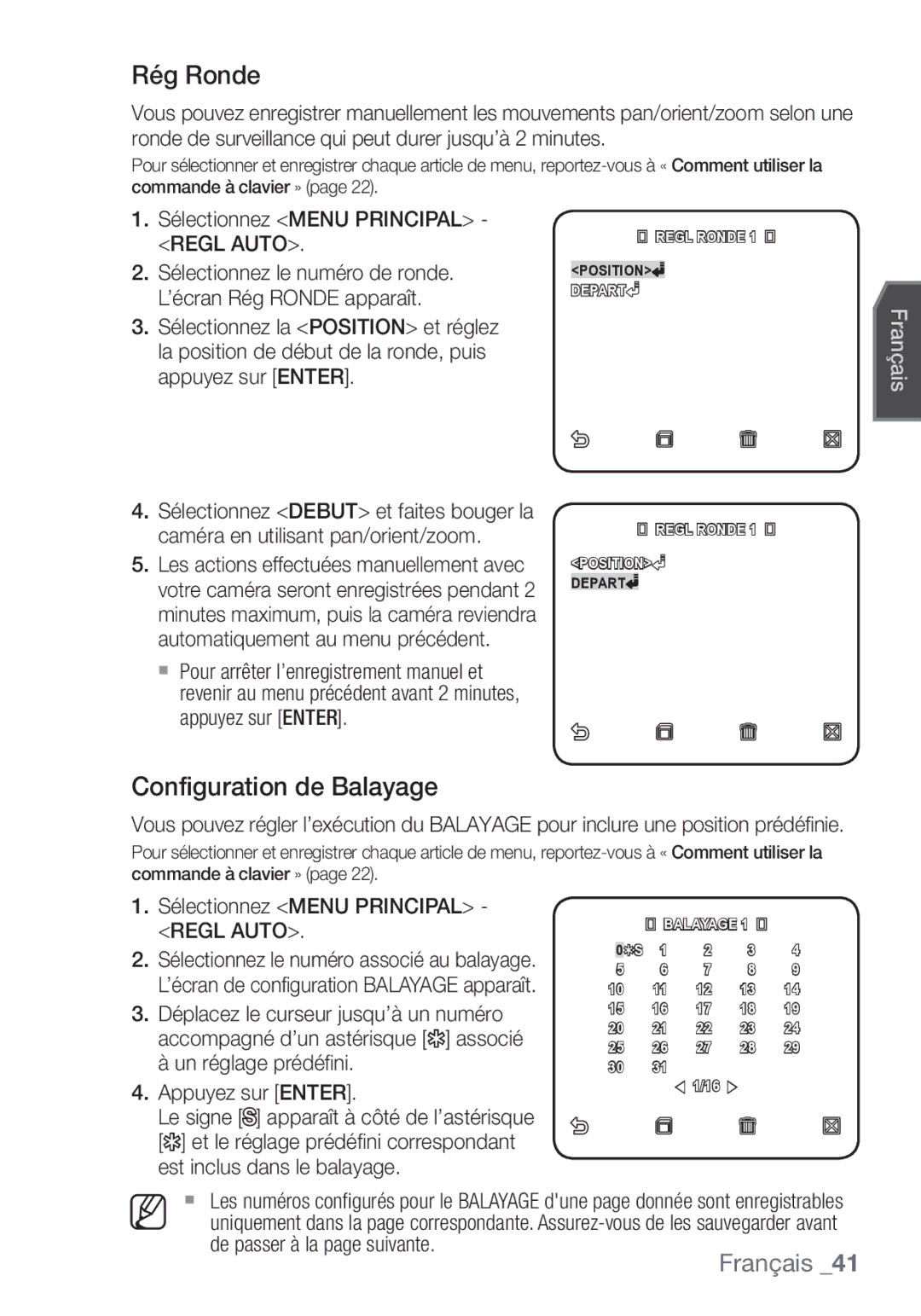 Samsung SCC-C7453P manual Rég Ronde, Configuration de Balayage, Sélectionnez Menu Principal Regl Auto 