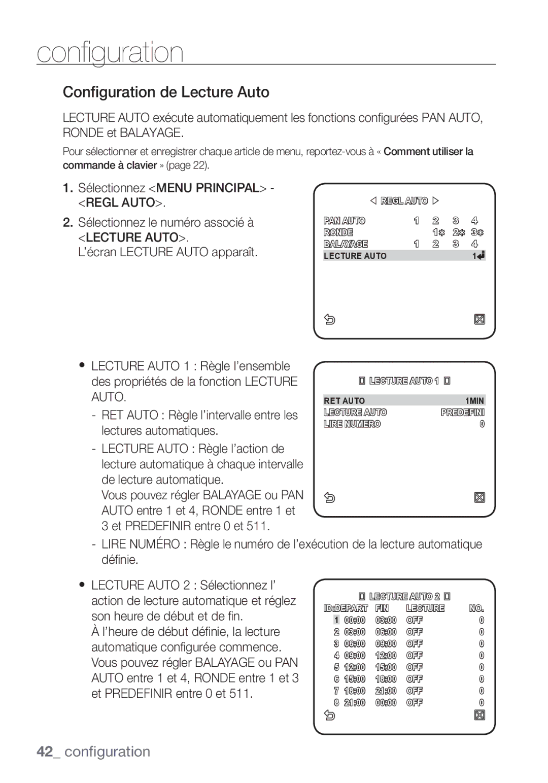 Samsung SCC-C7453P manual Configuration de Lecture Auto 