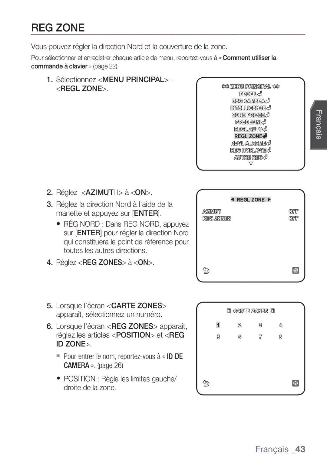 Samsung SCC-C7453P manual Réglez Azimuth à on, Réglez REG Zones à on 