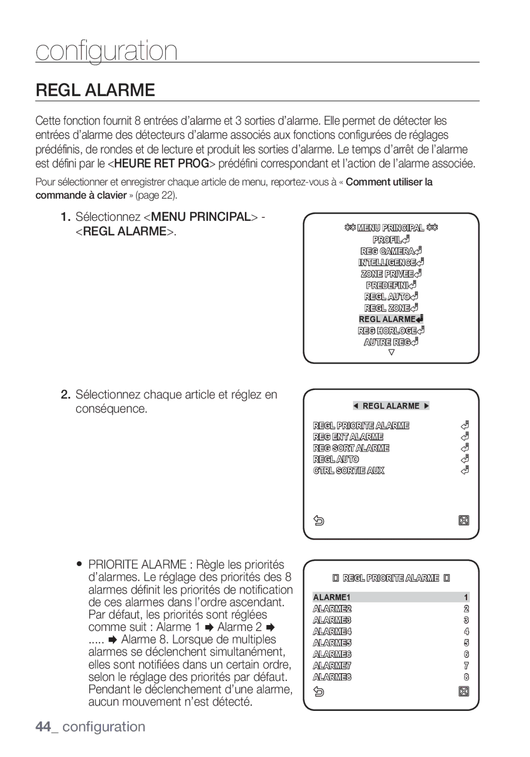 Samsung SCC-C7453P manual Sélectionnez Menu Principal Regl Alarme 