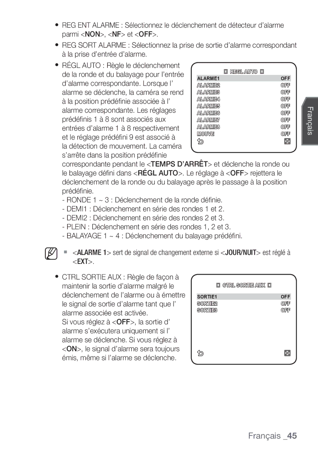 Samsung SCC-C7453P manual Ctrl Sortie AUX SORTIE1 