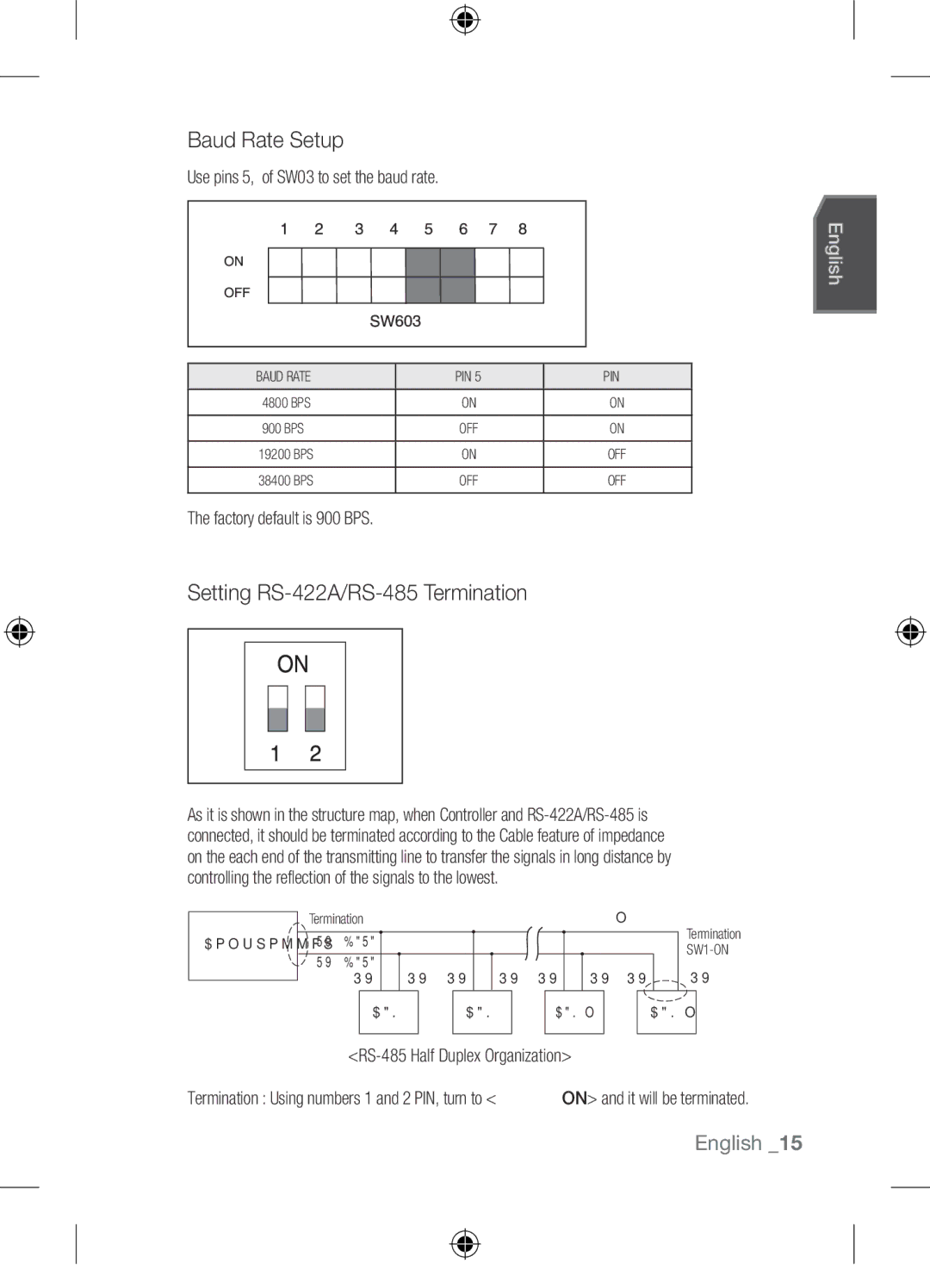 Samsung SCC-C7455P Baud Rate Setup, Setting RS-422A/RS-485 Termination, Use pins #5, #6 of SW603 to set the baud rate 