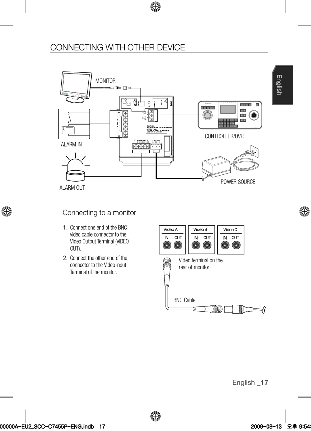 Samsung SCC-C7455P user manual Connecting with Other device, Connecting to a monitor, Monitor Alarm Alarm OUT 