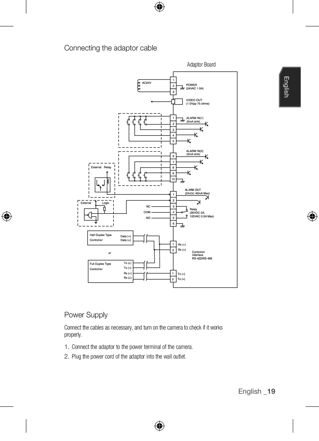 Samsung SCC-C7455P user manual Connecting the adaptor cable, Power Supply, Adaptor Board 