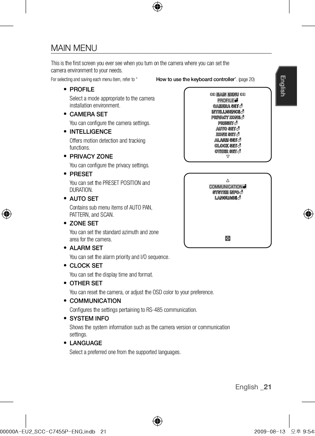 Samsung SCC-C7455P user manual Main Menu 