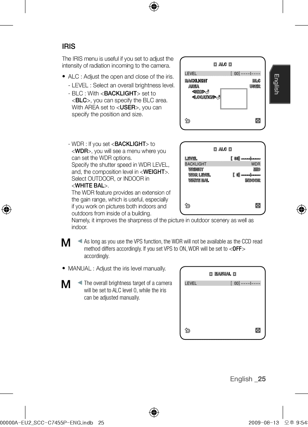 Samsung SCC-C7455P user manual Iris, BLC With Backlight set to 