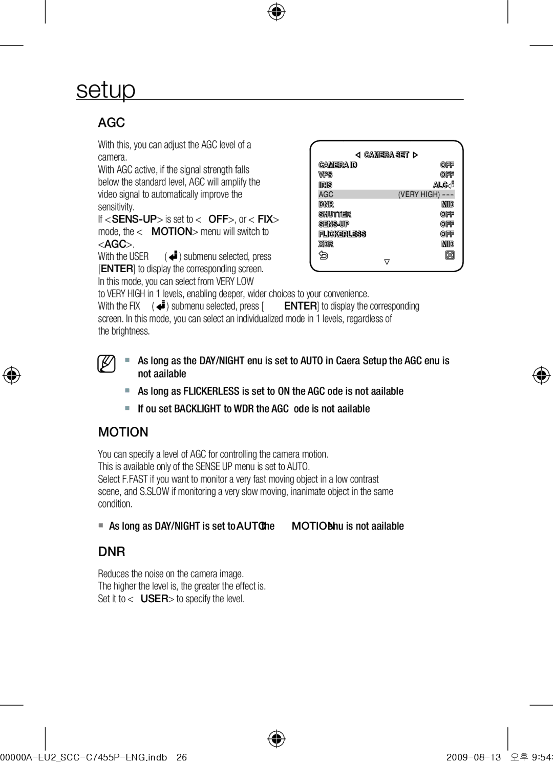 Samsung SCC-C7455P user manual Agc, Motion, Dnr, With this, you can adjust the AGC level of a 