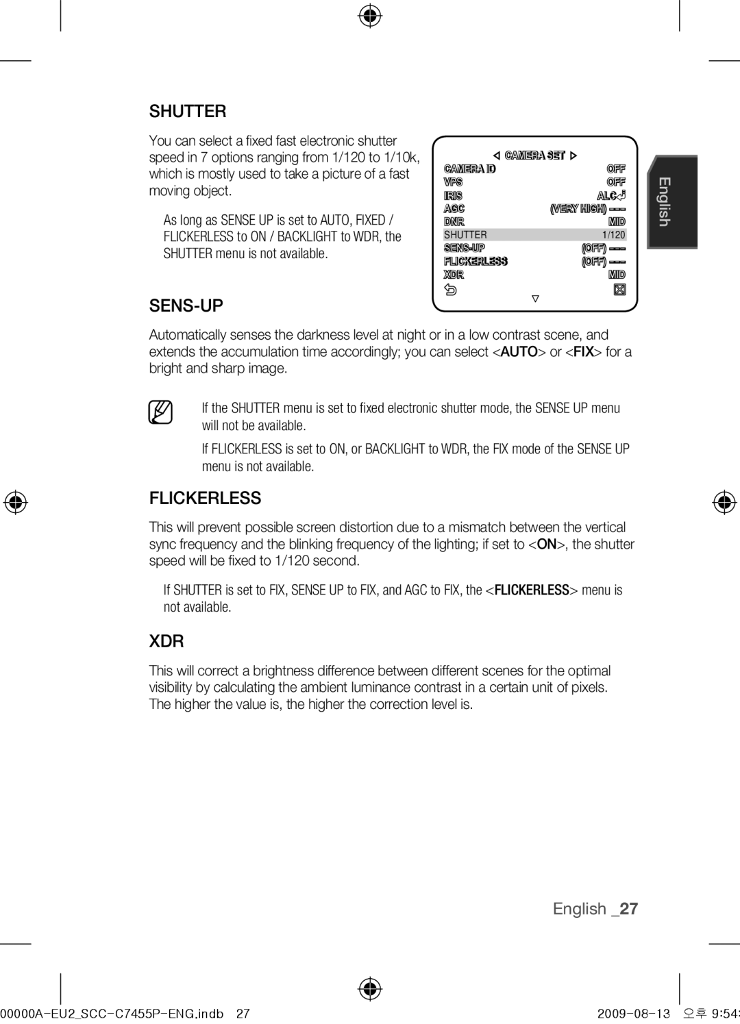 Samsung SCC-C7455P user manual Shutter, Sens-Up, Flickerless, Xdr 