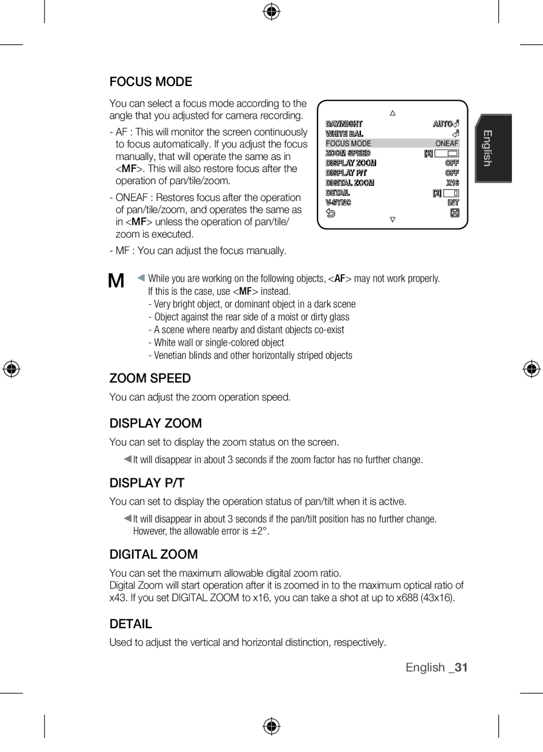 Samsung SCC-C7455P user manual Zoom Speed, Display Zoom, Display P/T, Digital Zoom, Detail 