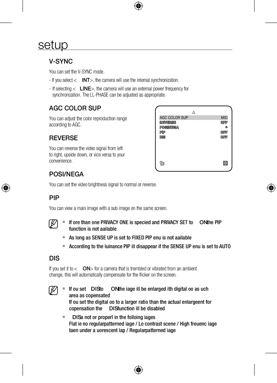 Samsung SCC-C7455P user manual Sync, AGC Color SUP, Reverse, Posi/Nega, Pip, Dis 