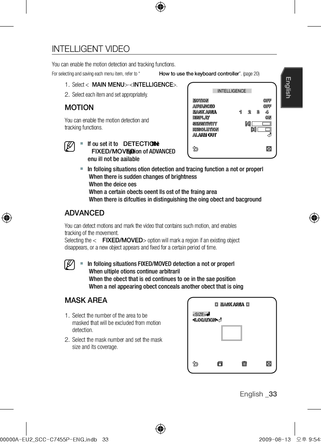 Samsung SCC-C7455P Intelligent Video, Advanced, Mask Area, You can enable the motion detection and tracking functions 