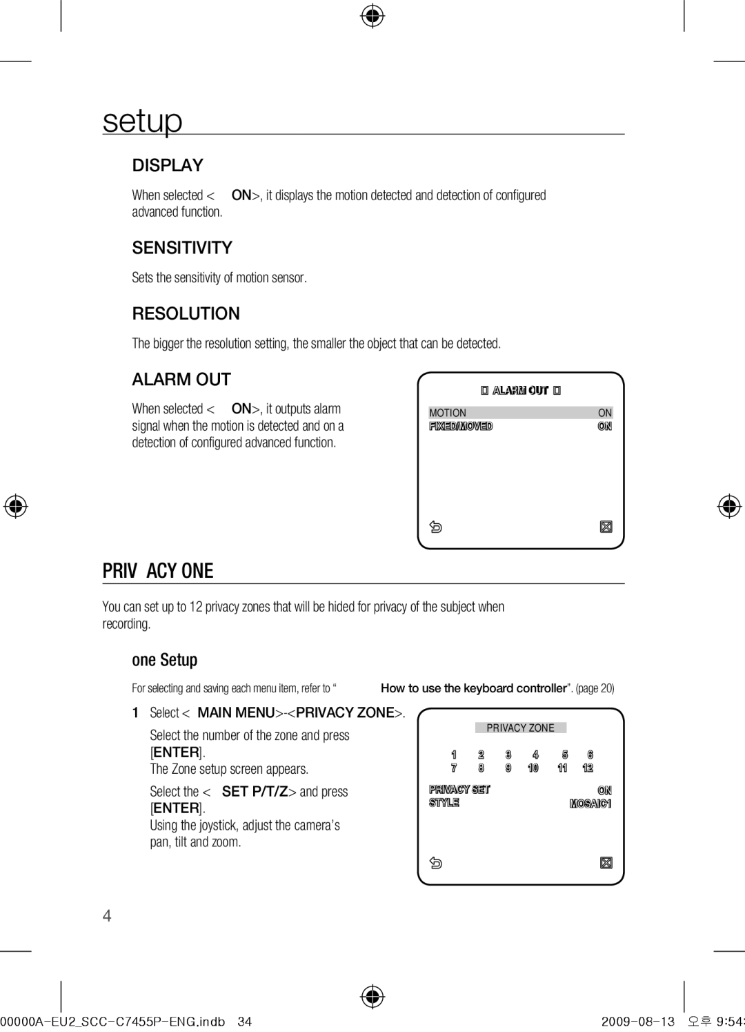 Samsung SCC-C7455P user manual Privacy Zone, Display, Sensitivity, Resolution, Alarm OUT 