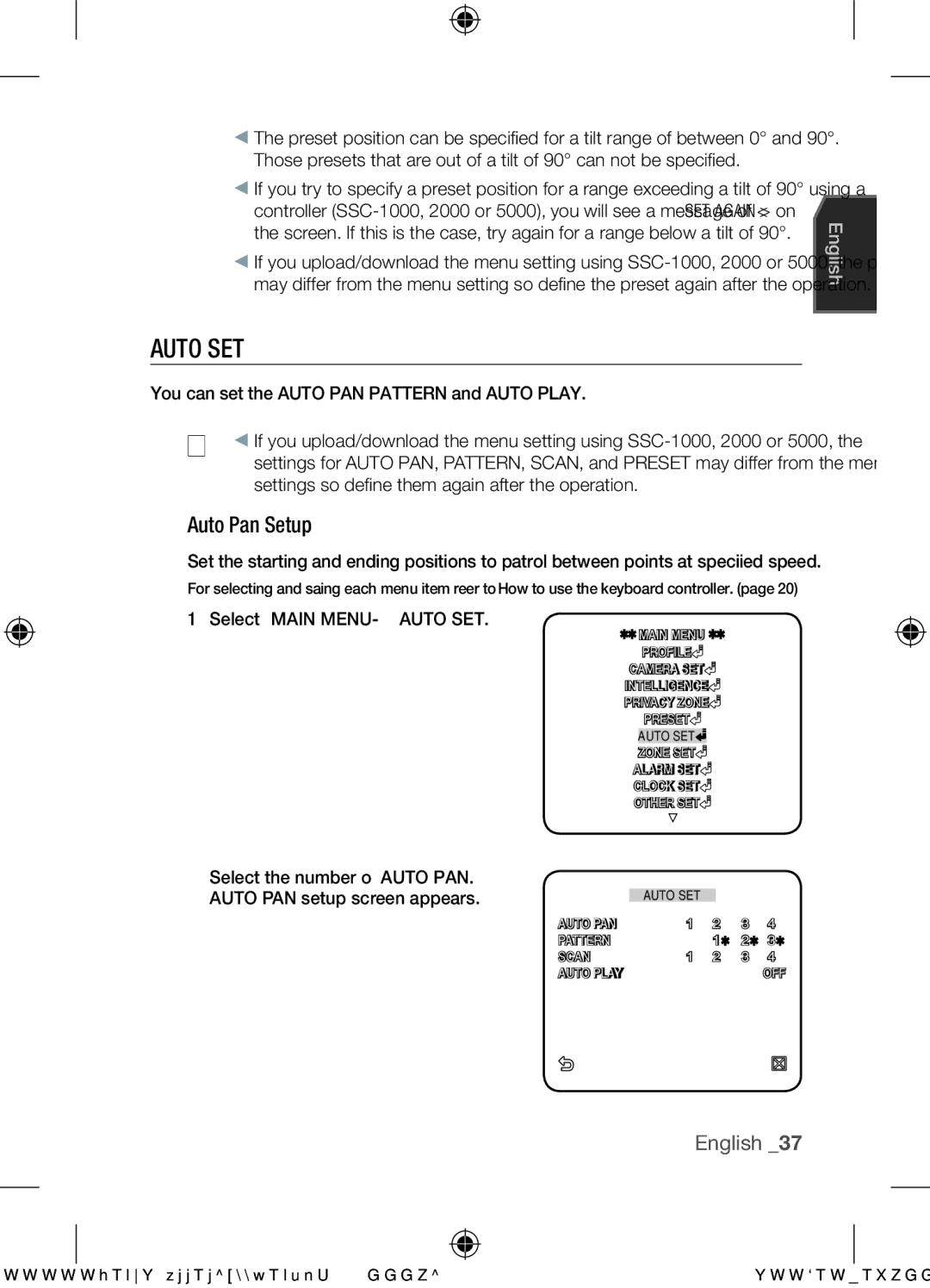 Samsung SCC-C7455P Auto SET, Auto Pan Setup, You can set the Auto PAN, PATTERN, and Auto Play, Select Main MENU-AUTO SET 