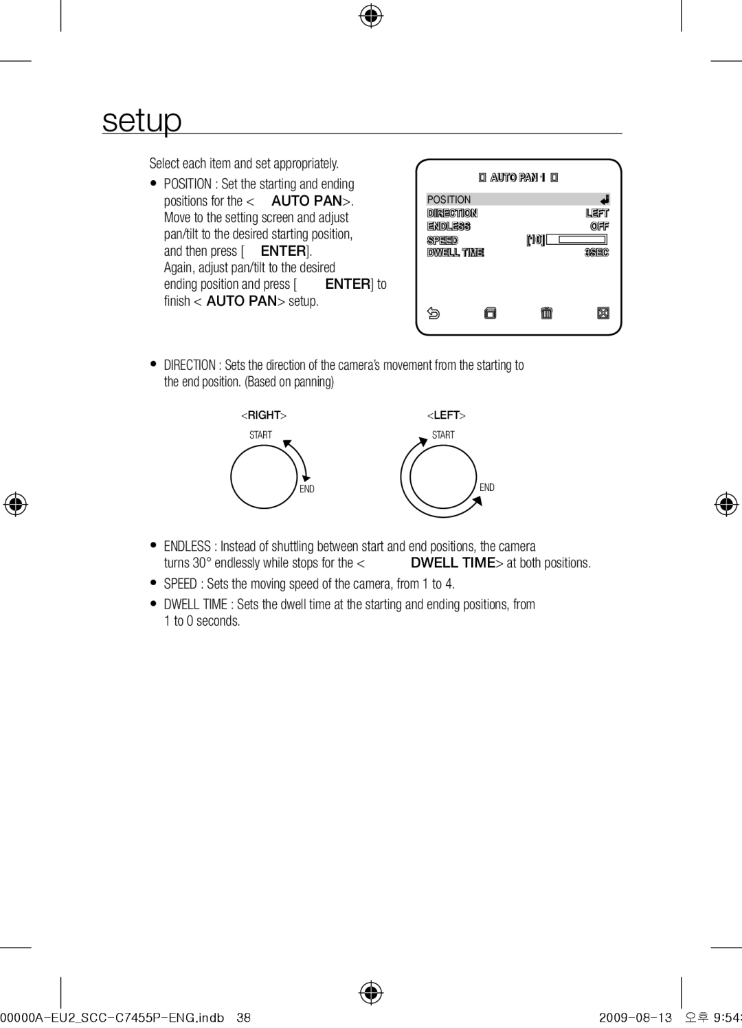 Samsung SCC-C7455P user manual Position Direction Left Endless OFF Speed 