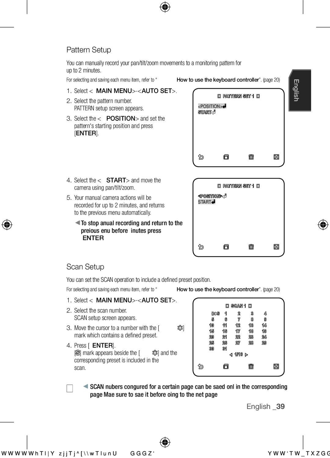 Samsung SCC-C7455P user manual Pattern Setup, Scan Setup, Select the Start and move the camera using pan/tilt/zoom 