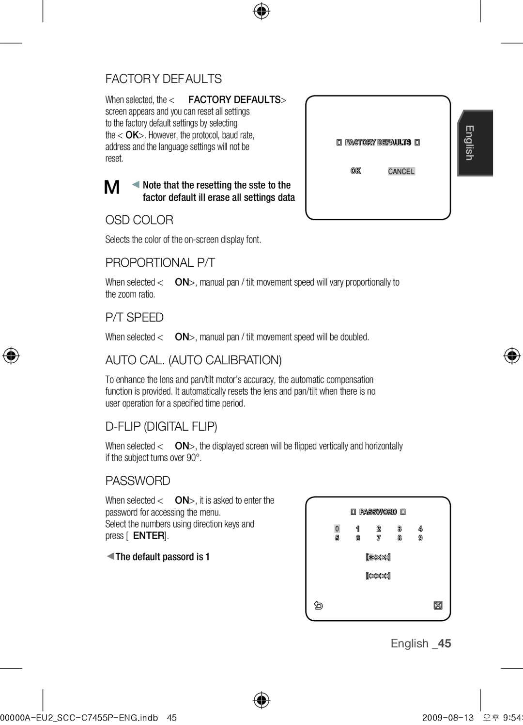 Samsung SCC-C7455P Factory Defaults, OSD Color, Proportional P/T, Speed, Auto CAL. Auto Calibration, Flip Digital Flip 