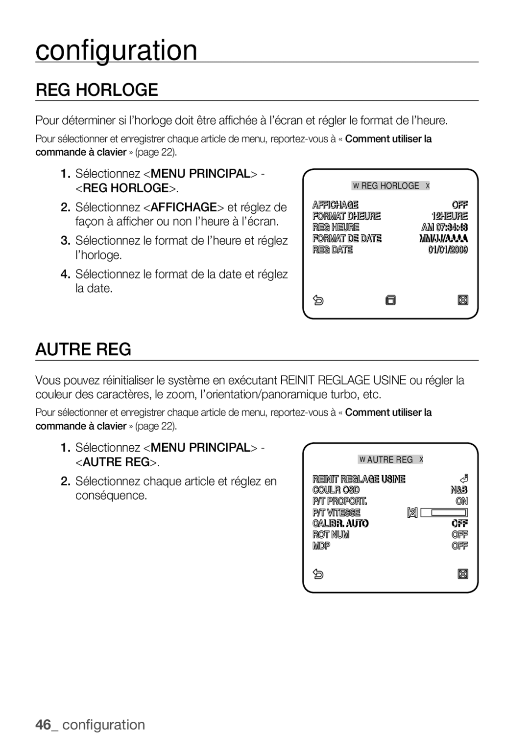 Samsung SCC-C7455P manual Autre REG, Sélectionnez Menu Principal REG Horloge 