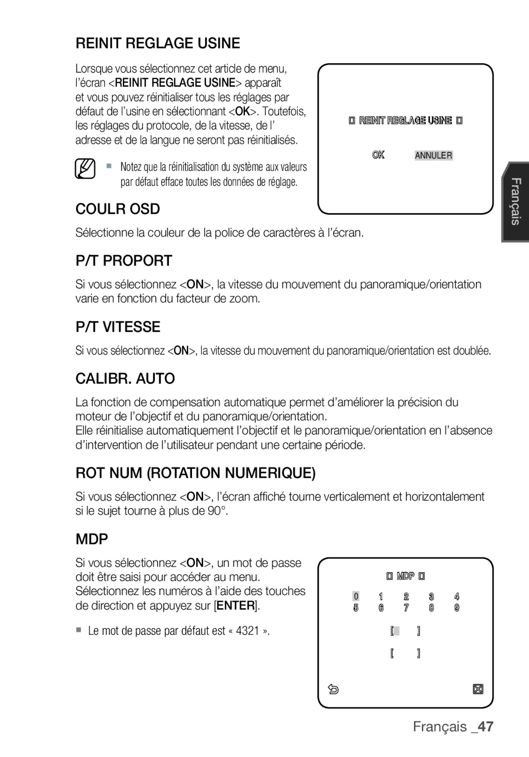 Samsung SCC-C7455P manual Reinit Reglage Usine, Coulr OSD, Proport, Vitesse, CALIBR. Auto, ROT NUM Rotation Numerique, Mdp 