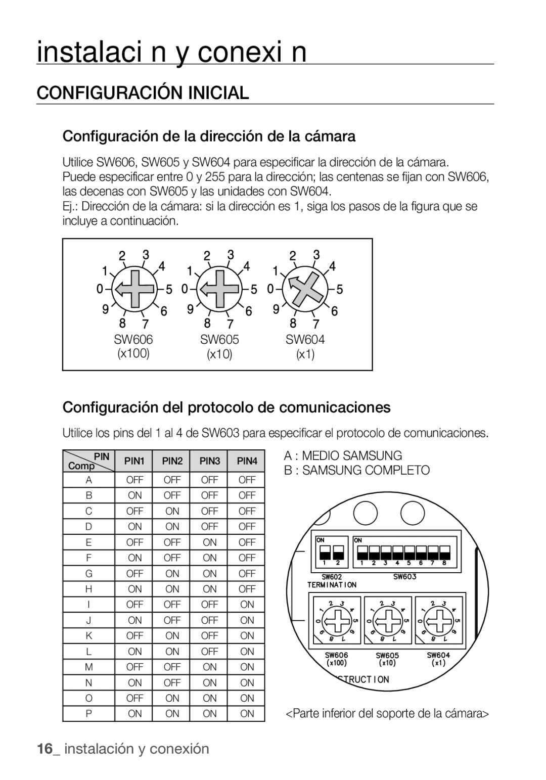 Samsung SCC-C7455P manual Configuración Inicial, Configuración de la dirección de la cámara, Medio Samsung Samsung Completo 