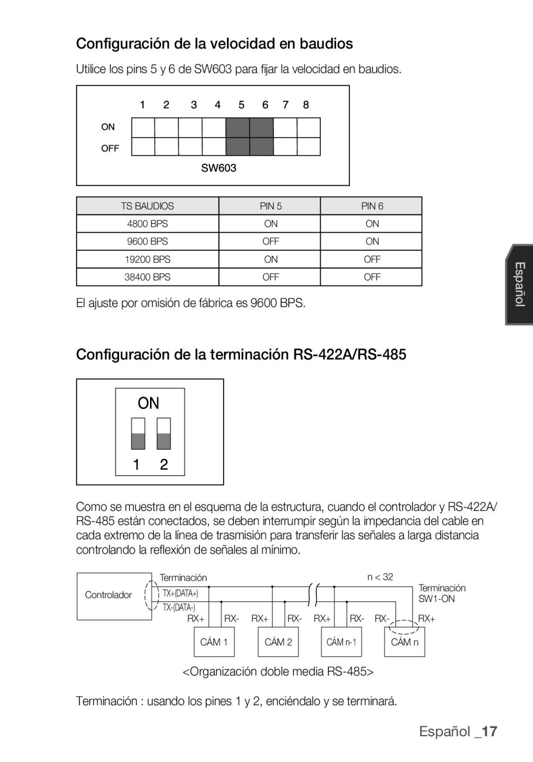 Samsung SCC-C7455P manual Configuración de la velocidad en baudios, Configuración de la terminación RS-422A/RS-485 