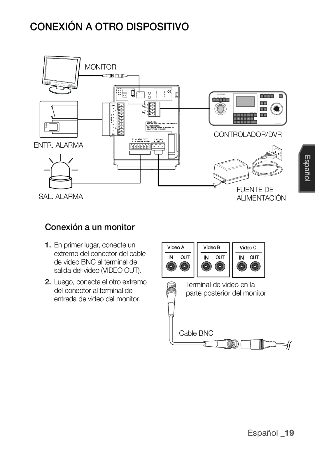 Samsung SCC-C7455P Conexión a Otro Dispositivo, Conexión a un monitor, Monitor CONTROLADOR/DVR ENTR. Alarma, Cable BNC 