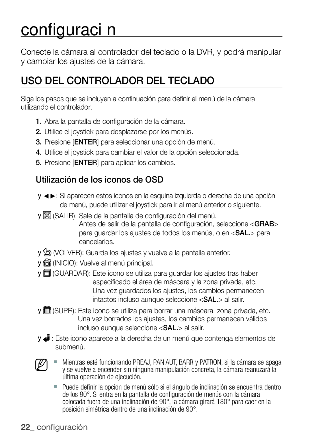 Samsung SCC-C7455P manual Configuración, USO DEL Controlador DEL Teclado, Utilización de los iconos de OSD 