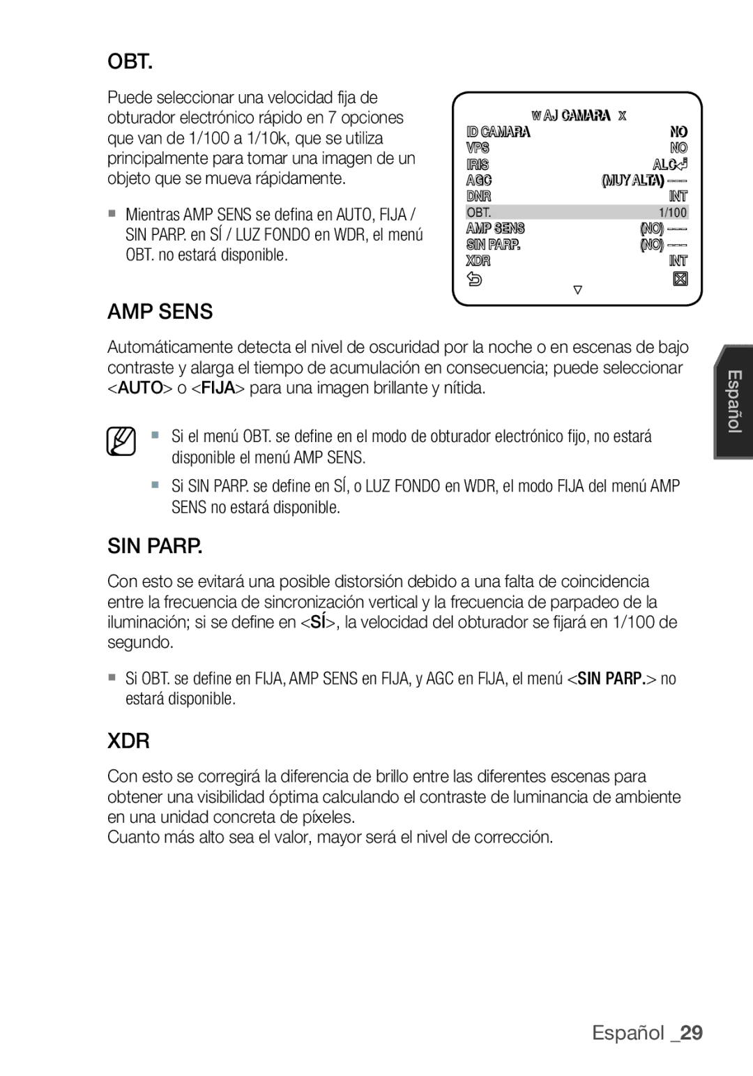 Samsung SCC-C7455P manual Obt, AMP Sens, SIN Parp 