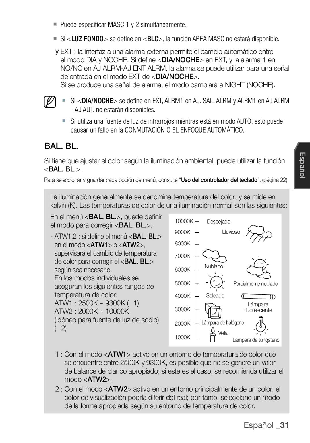 Samsung SCC-C7455P manual Bal. Bl,  Puede especiﬁcar Masc 1 y 2 simultáneamente 