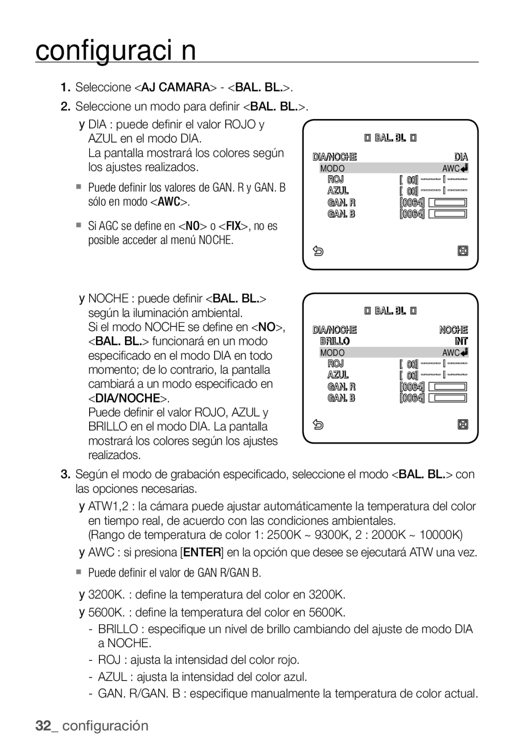 Samsung SCC-C7455P manual Seleccione AJ Camara BAL. BL 