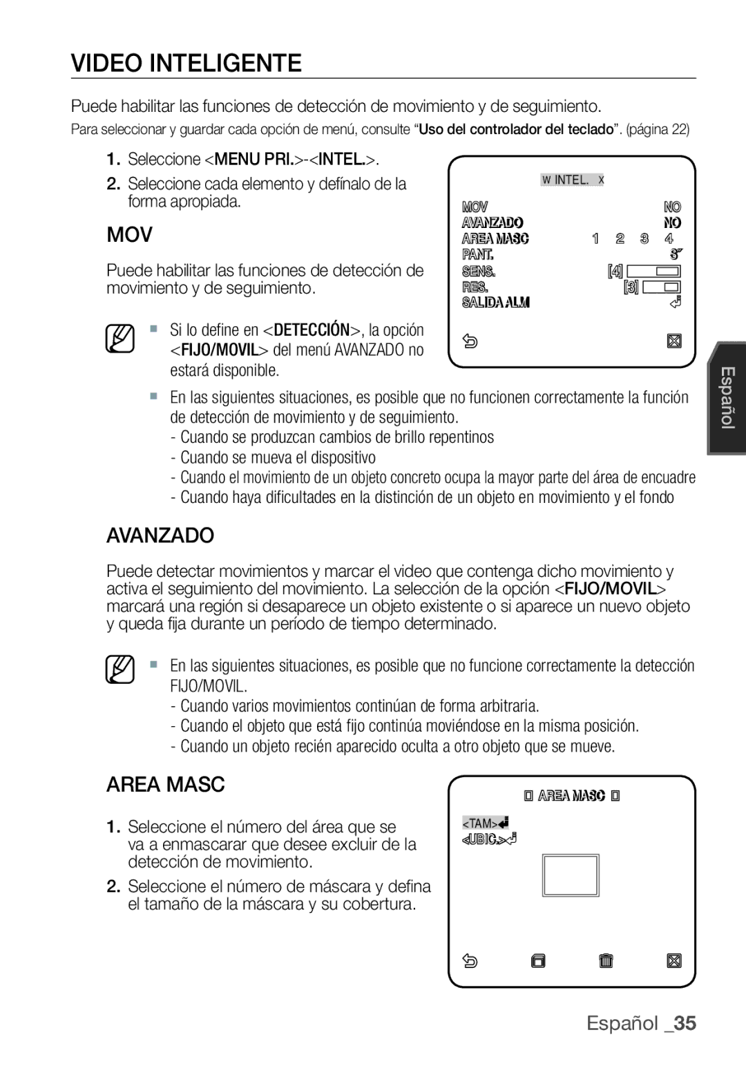 Samsung SCC-C7455P manual Video Inteligente, Avanzado, Area Masc 