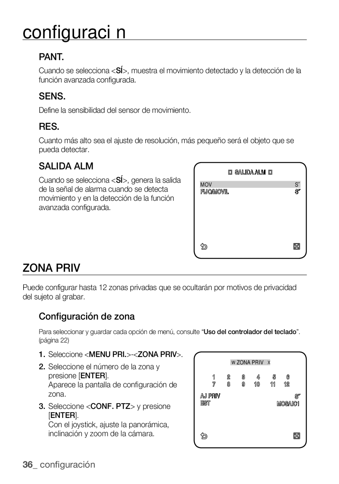 Samsung SCC-C7455P manual Zona Priv, Pant, Sens, Res, Salida ALM 