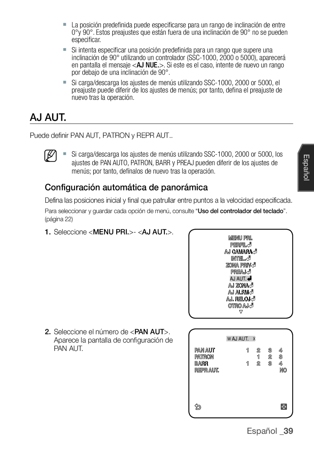 Samsung SCC-C7455P manual Aj Aut, Configuración automática de panorámica, Puede definir PAN AUT, Patron y Repr AUT, Pan Aut 