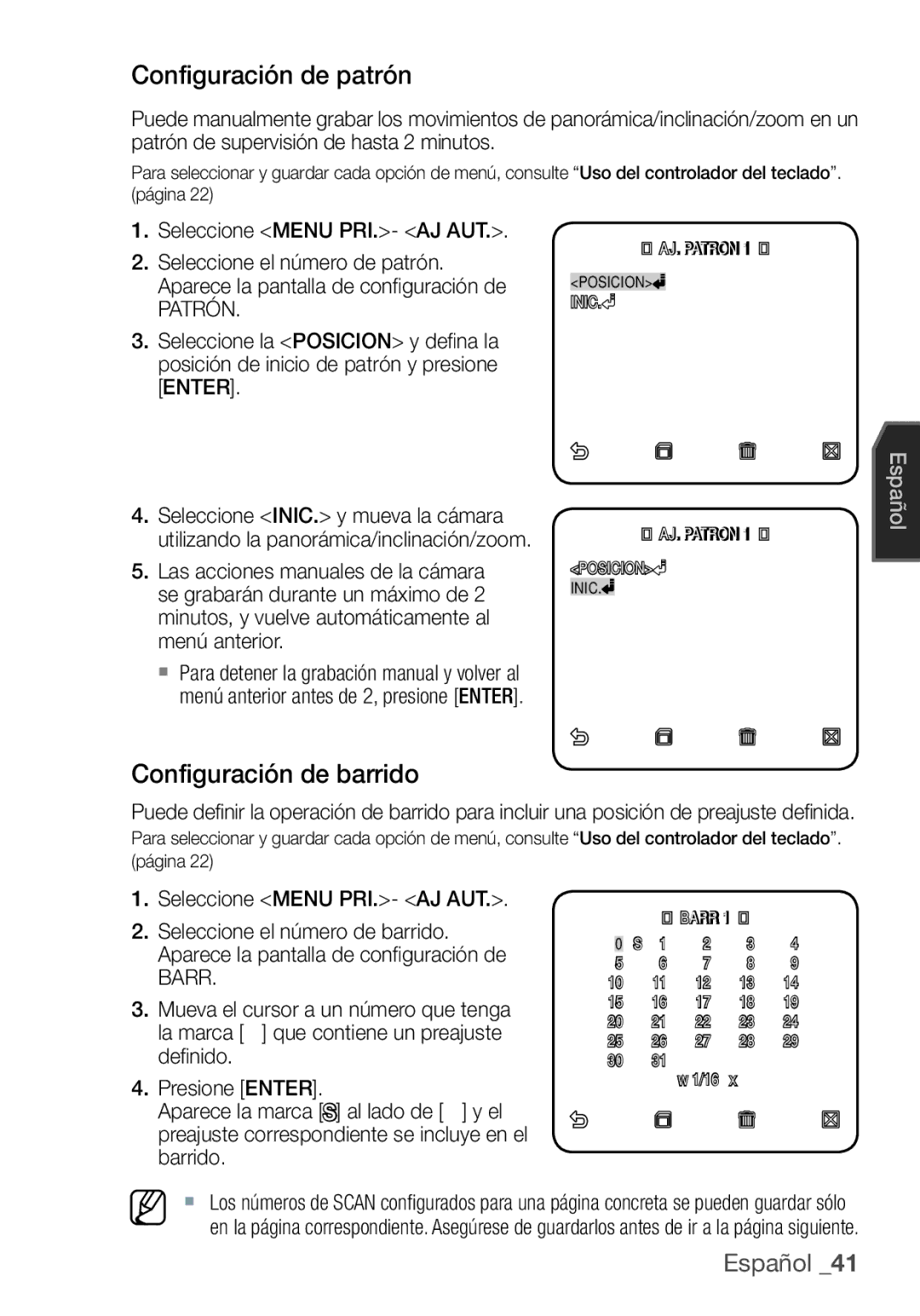 Samsung SCC-C7455P manual Configuración de patrón, Configuración de barrido, Patrón 