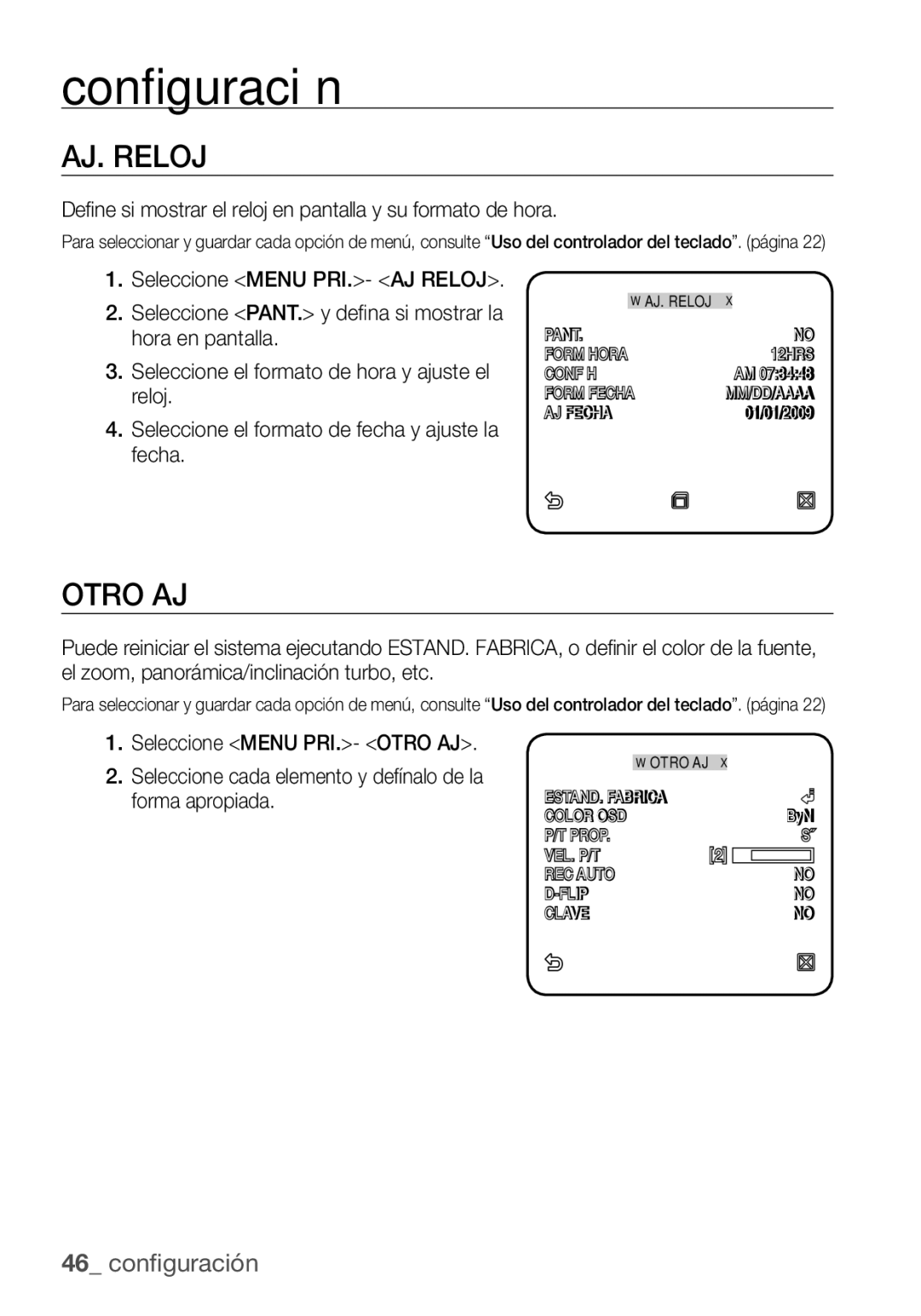 Samsung SCC-C7455P manual AJ. Reloj, Otro AJ, Define si mostrar el reloj en pantalla y su formato de hora 